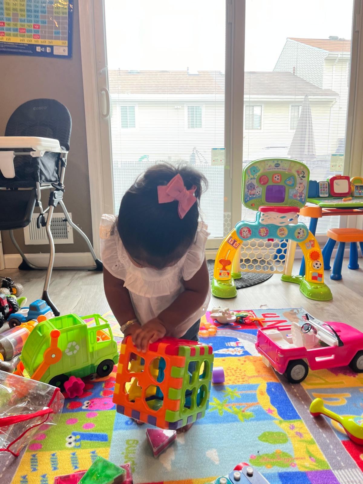 Colorful classroom with children building blocks together